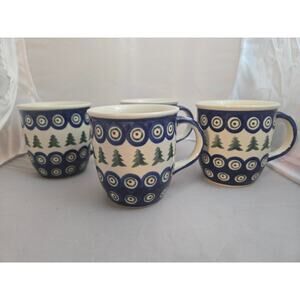 Set of 4 Polish Pottery Boleslawiec Blue White Christmas Tree Mugs Cups